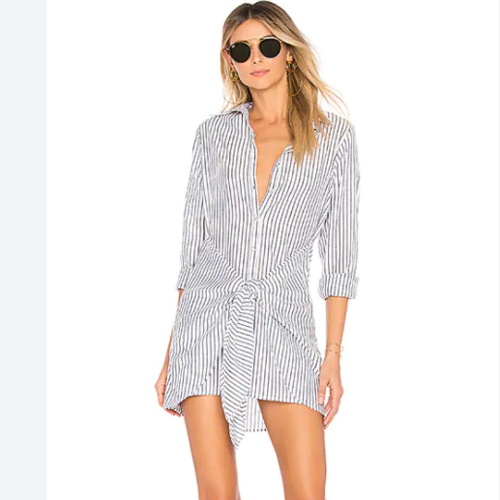 NWT L’Academie Cloudline Tie Waist Mini Dress in Indigo Stripe, Size XS